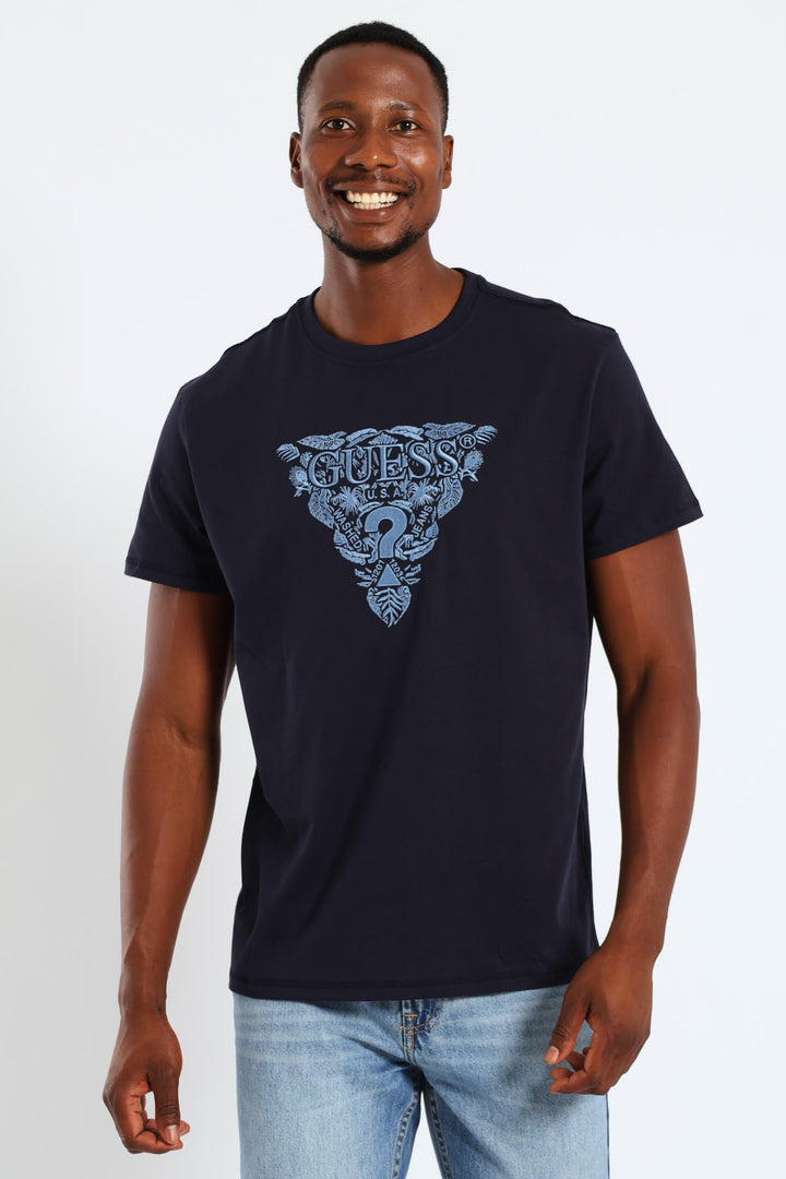 Short Sleeve Flower Embroidered Tee - Navy