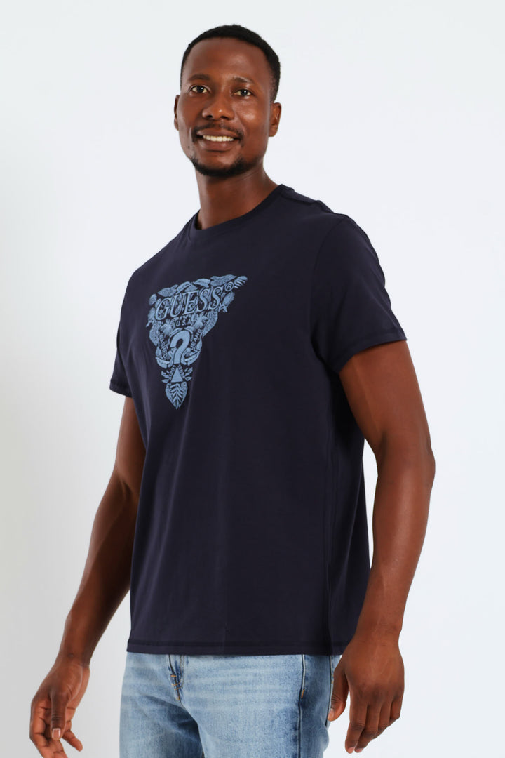Short Sleeve Flower Embroidered Tee - Navy