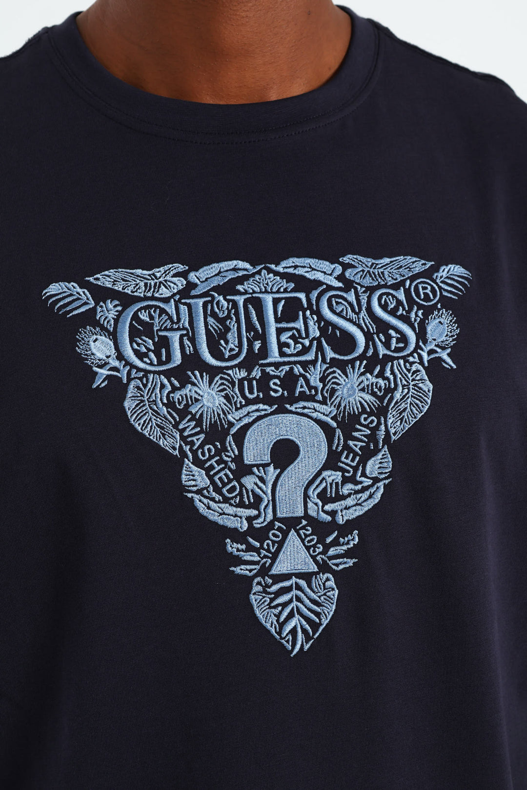 Short Sleeve Flower Embroidered Tee - Navy