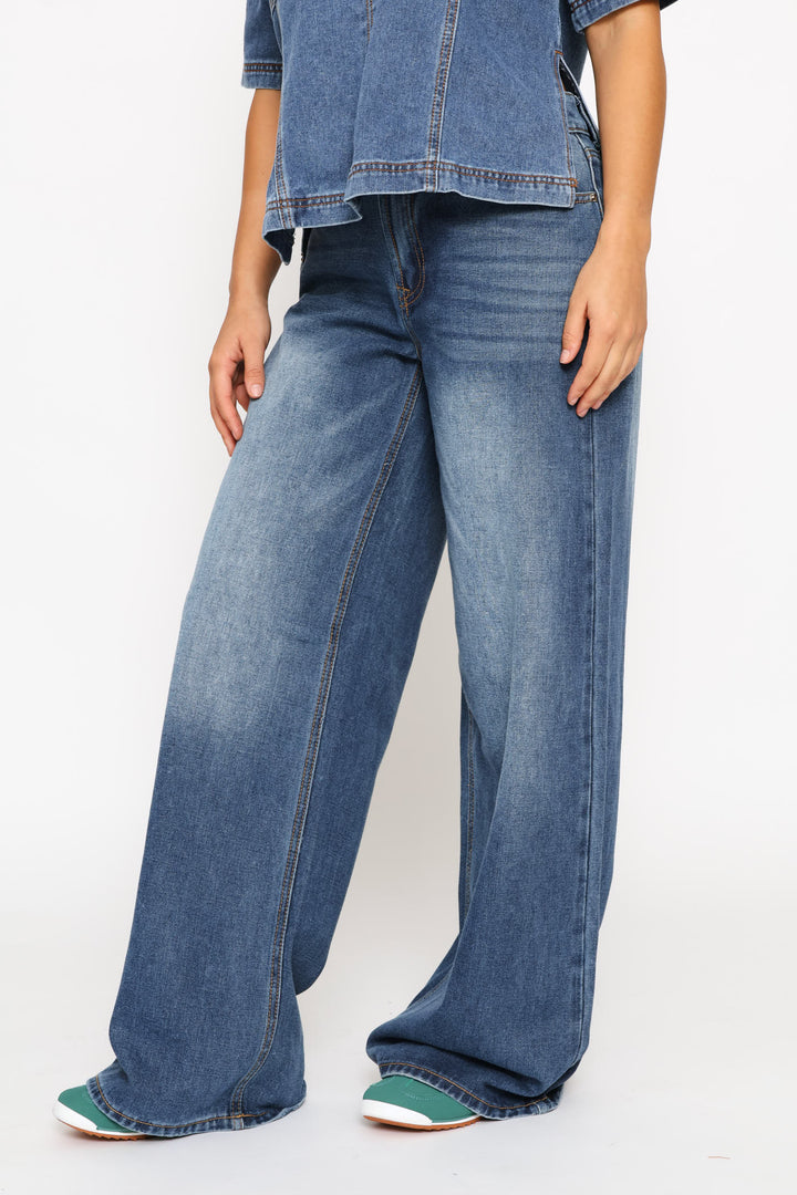 Low Rise Wide Leg Denim - Salty Dark Wash