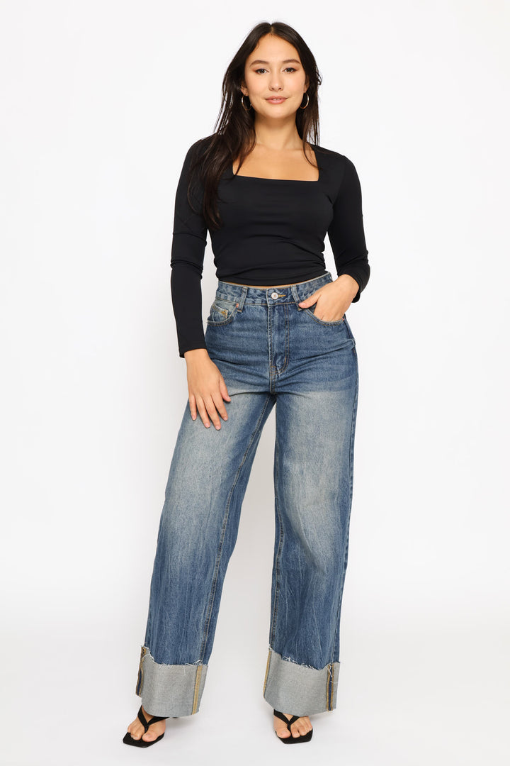 Turn Up Hem Wide Leg Denim - Dark Wash