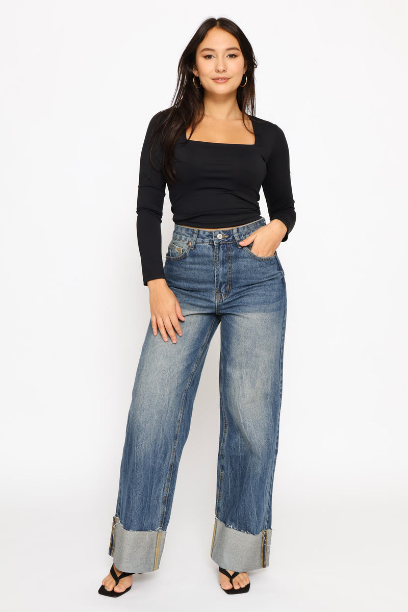 Turn Up Hem Wide Leg Denim - Dark Wash