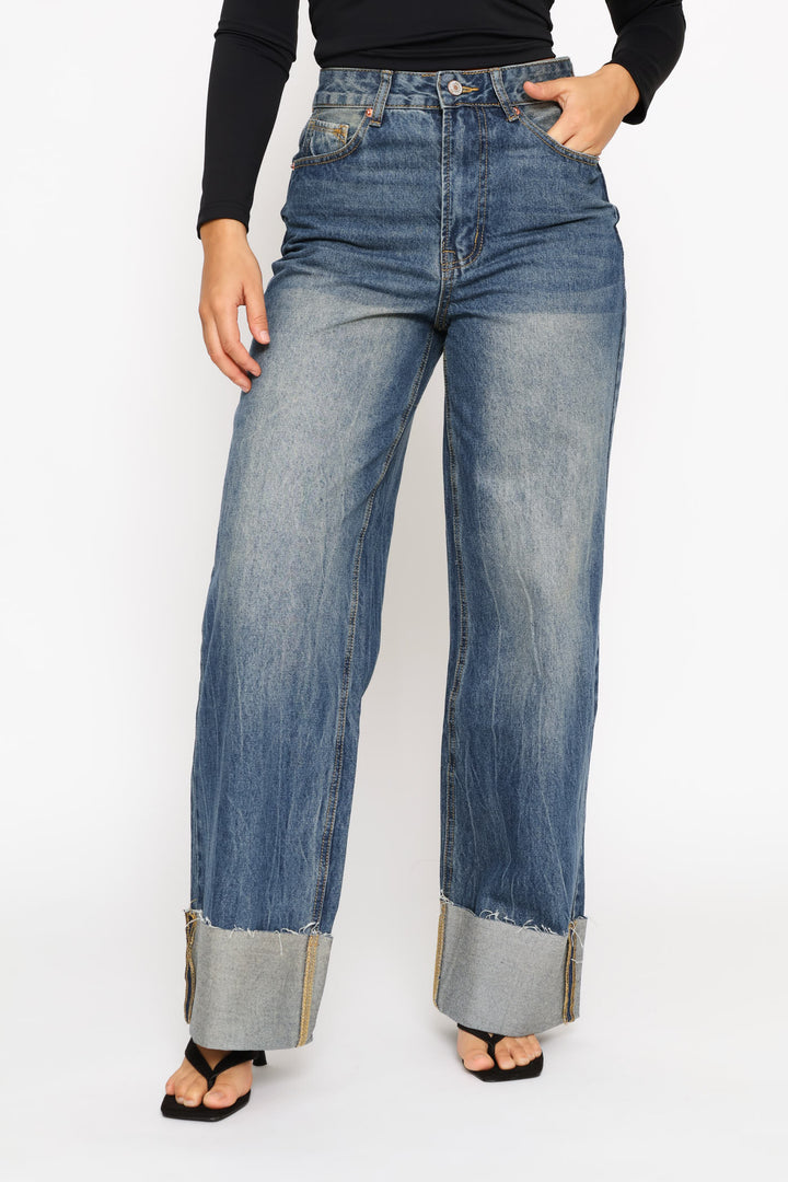 Turn Up Hem Wide Leg Denim - Dark Wash