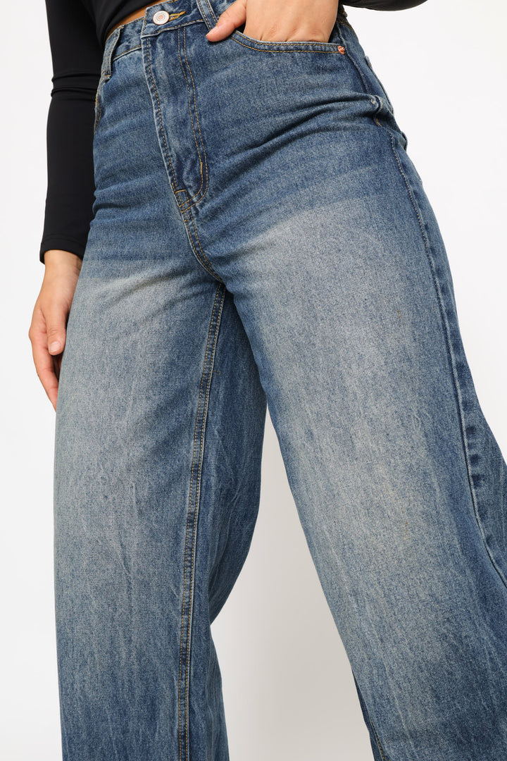 Turn Up Hem Wide Leg Denim - Dark Wash
