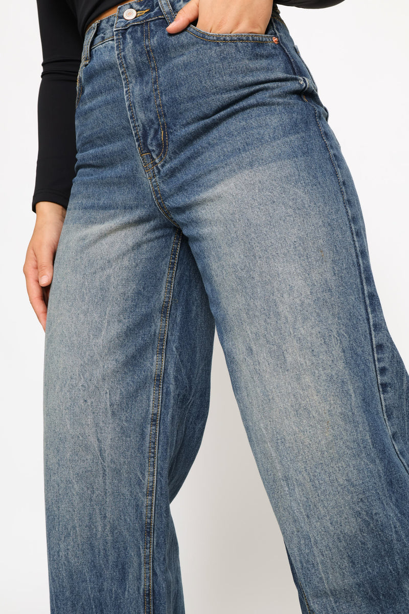 Turn Up Hem Wide Leg Denim - Dark Wash