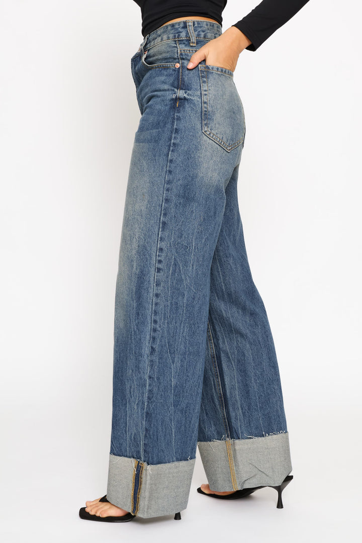 Turn Up Hem Wide Leg Denim - Dark Wash