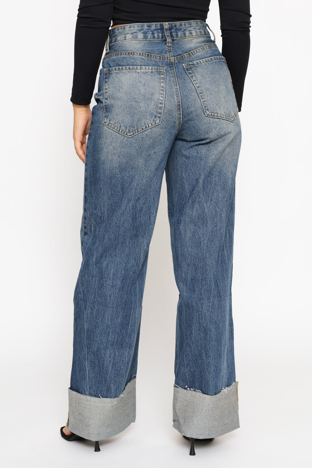 Turn Up Hem Wide Leg Denim - Dark Wash