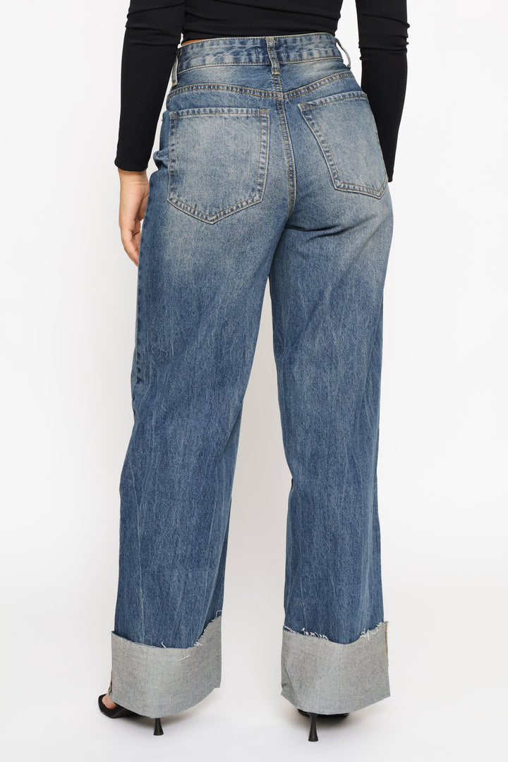 Turn Up Hem Wide Leg Denim - Dark Wash