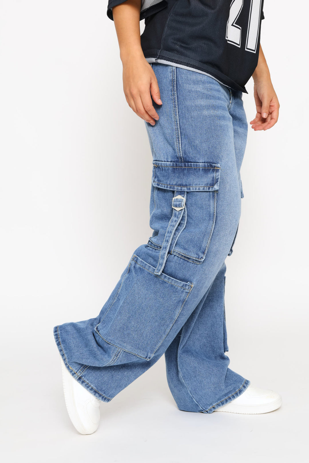 Multi Cargo Pocket 90'S Wide Leg Denim - Salty Mid Wash