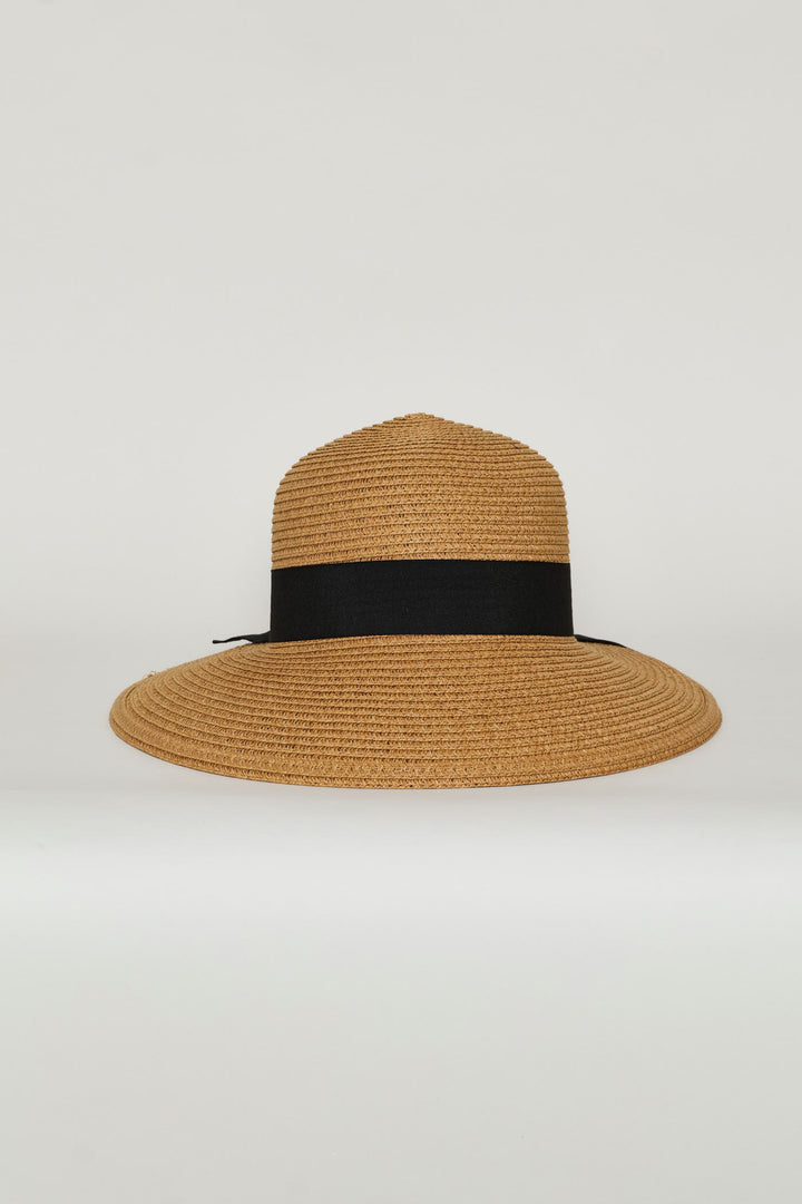 Scalloped Back Ribbon Straw Hat - Caramel
