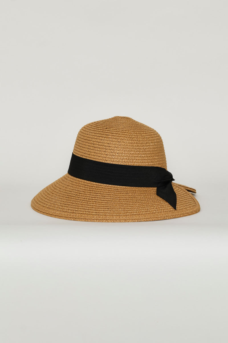Scalloped Back Ribbon Straw Hat - Caramel