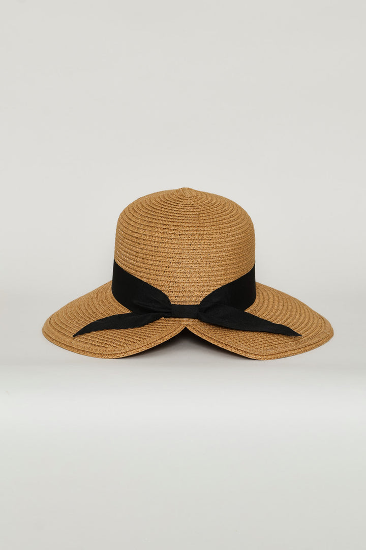 Scalloped Back Ribbon Straw Hat - Caramel