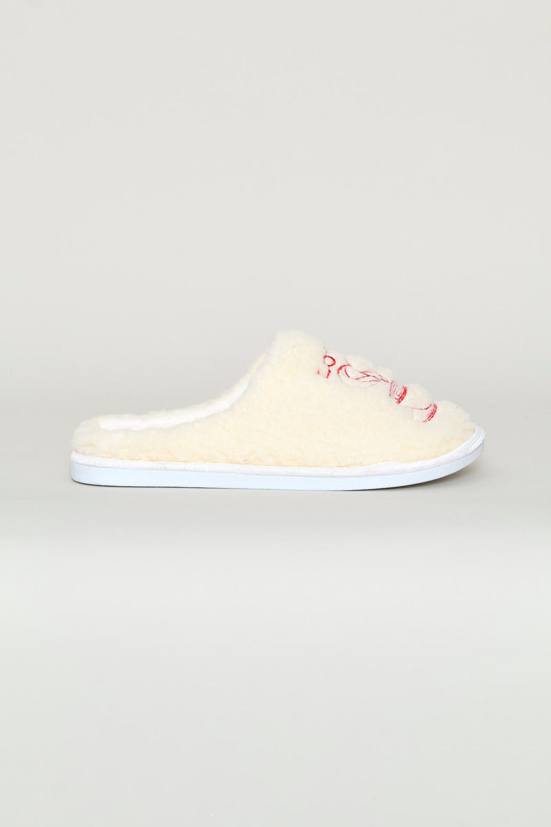 Love Coffee Embroidered Slipper - Off White