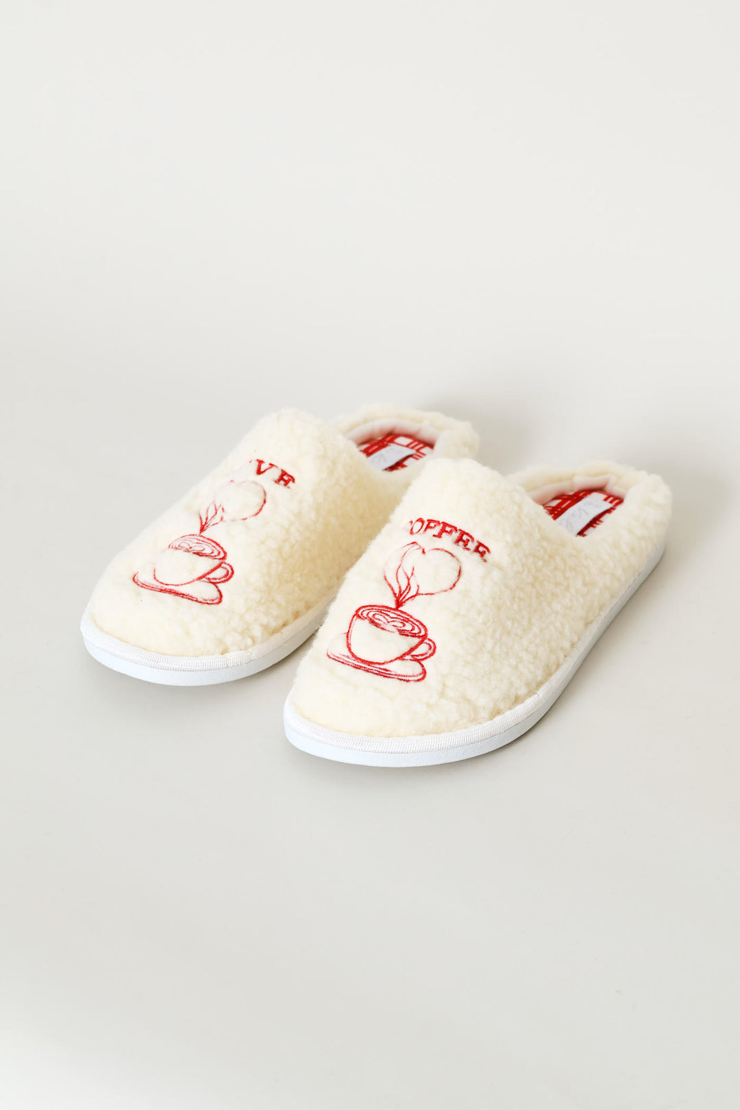 Love Coffee Embroidered Slipper - Off White