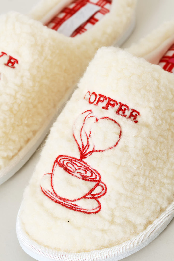 Love Coffee Embroidered Slipper - Off White