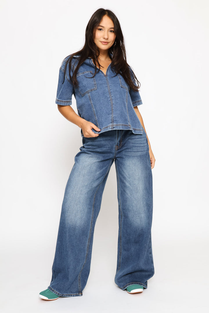 Boxy Collar Denim Shirt - Salty Mid Wash