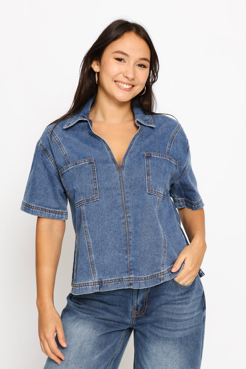 Boxy Collar Denim Shirt - Salty Mid Wash