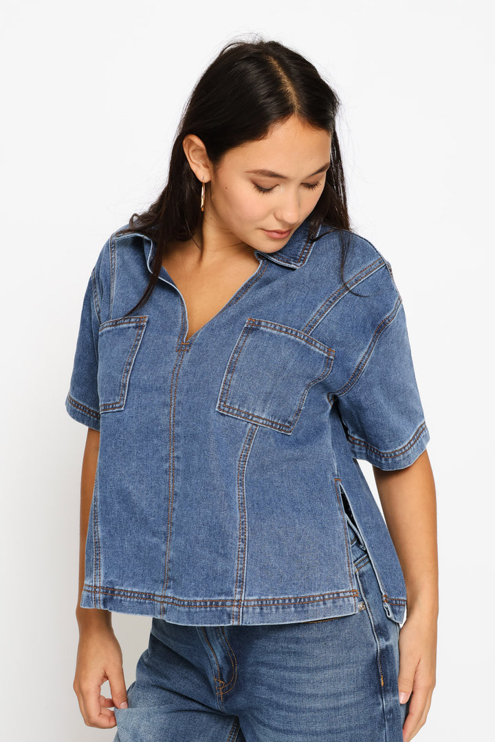 Boxy Collar Denim Shirt - Salty Mid Wash