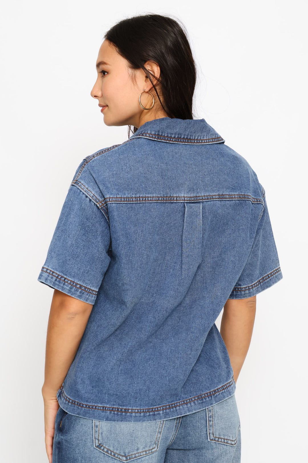 Boxy Collar Denim Shirt - Salty Mid Wash