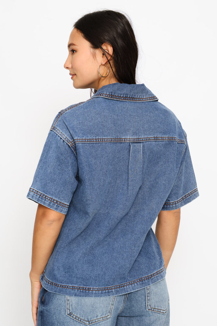 Boxy Collar Denim Shirt - Salty Mid Wash