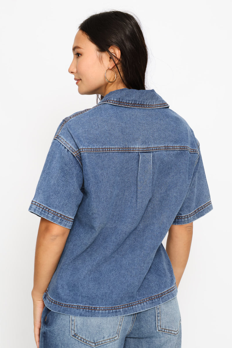 Boxy Collar Denim Shirt - Salty Mid Wash