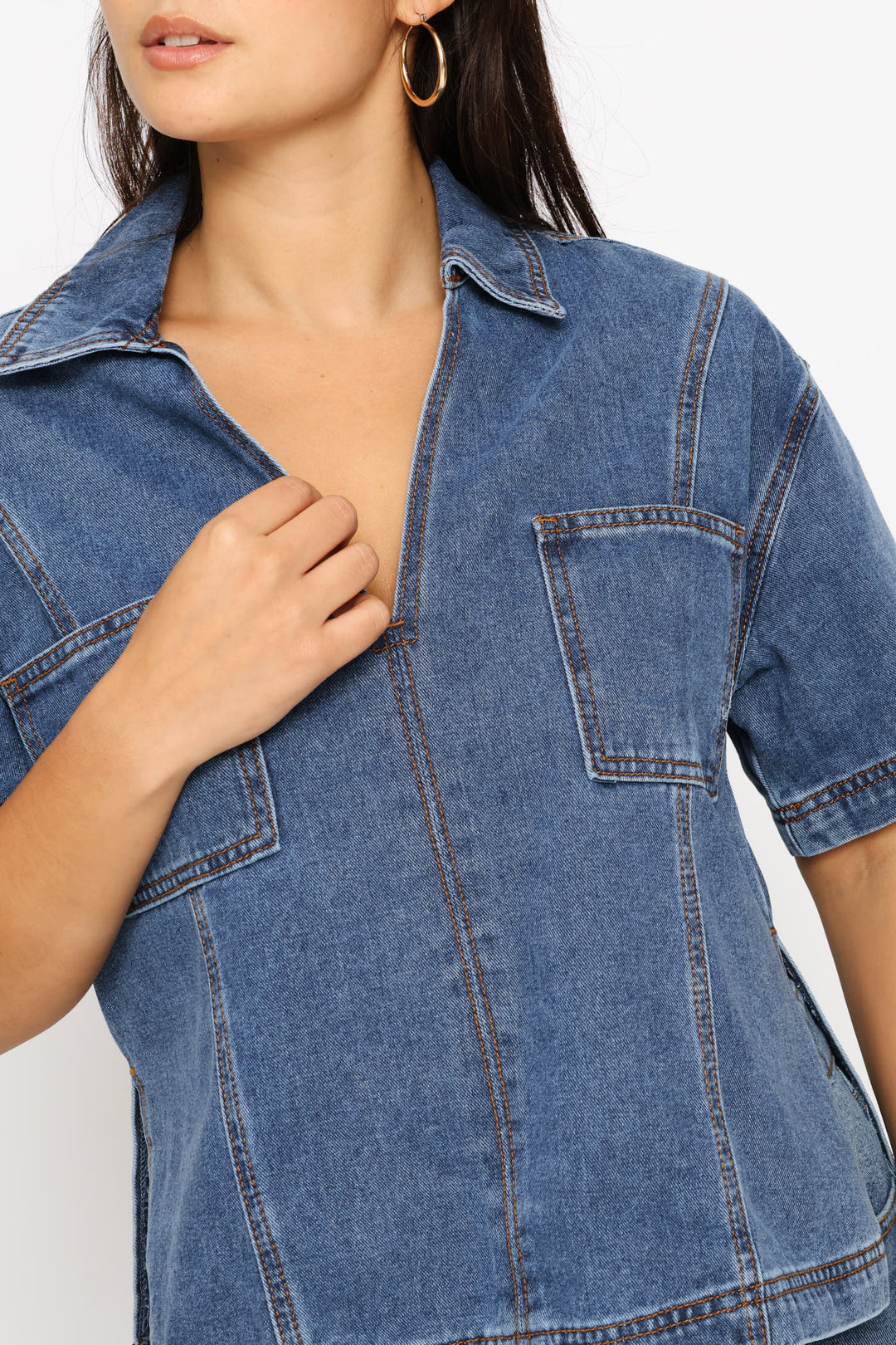 Boxy Collar Denim Shirt - Salty Mid Wash