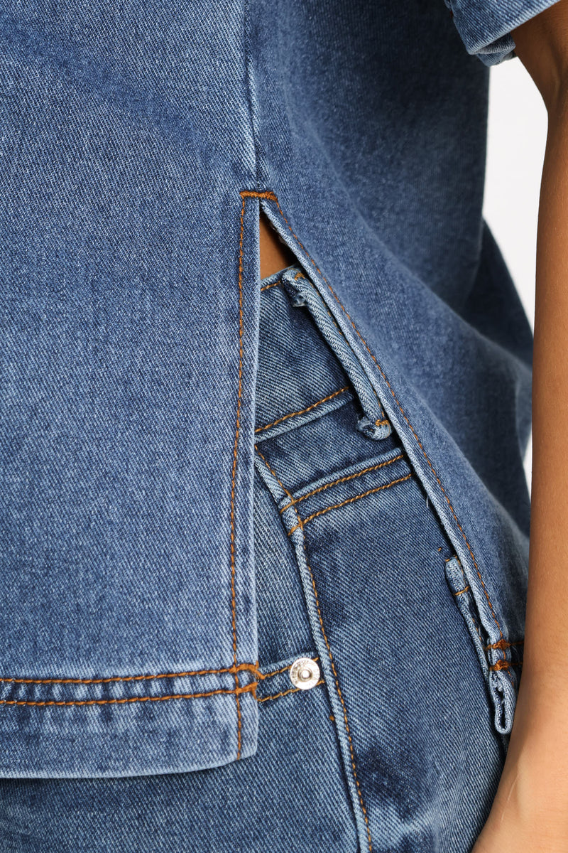 Boxy Collar Denim Shirt - Salty Mid Wash