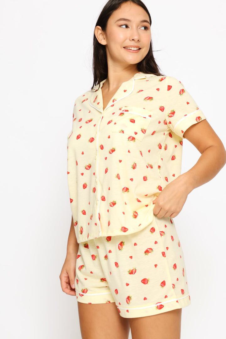 Strawberries Button Through & Short Knit Set - Yellow