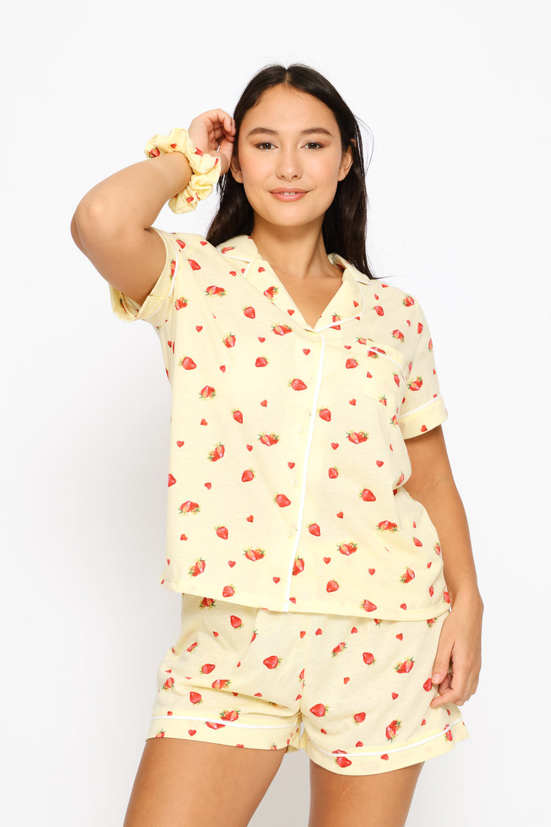 Strawberries Button Through & Short Knit Set - Yellow