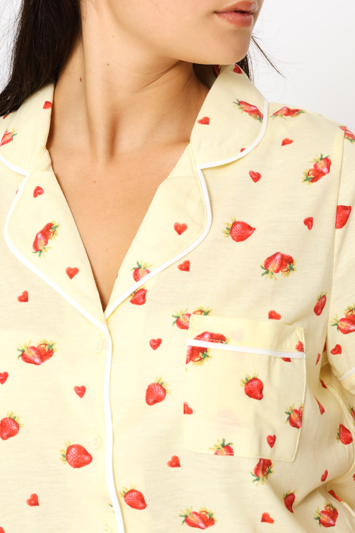 Strawberries Button Through & Short Knit Set - Yellow