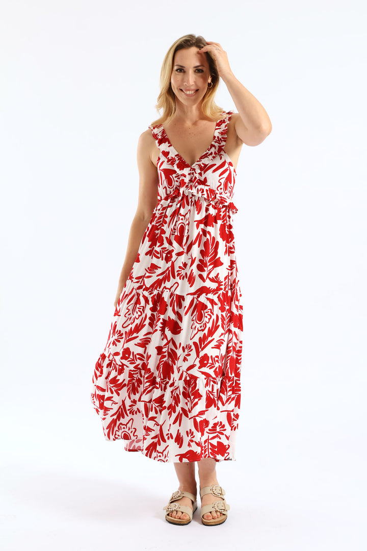 Frilly Shirred Bodice Open Back Tiered Maxi Dress - White/Red
