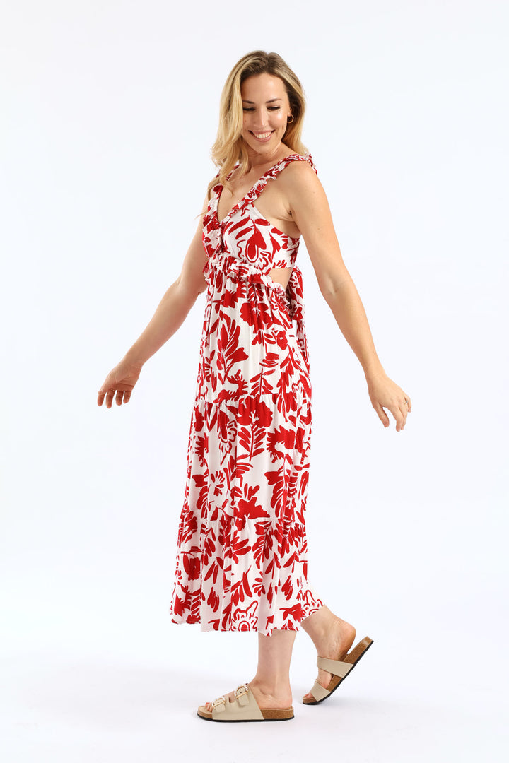 Frilly Shirred Bodice Open Back Tiered Maxi Dress - White/Red