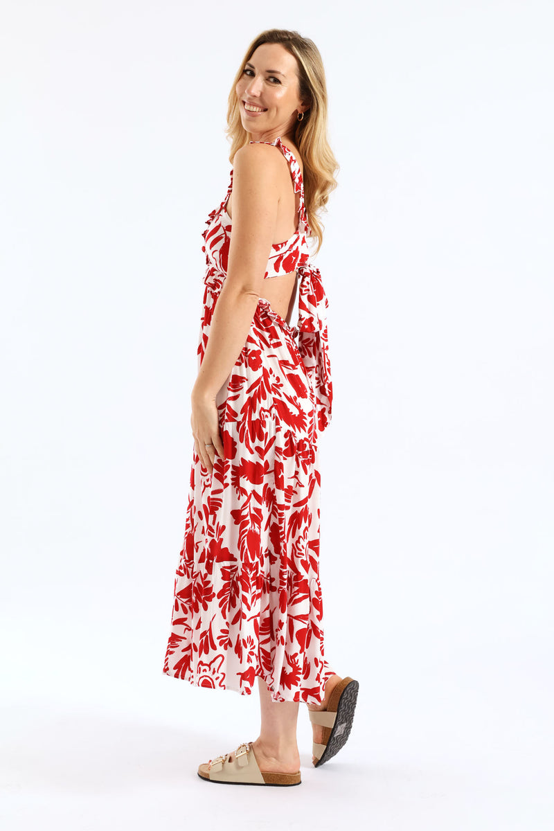 Frilly Shirred Bodice Open Back Tiered Maxi Dress - White/Red