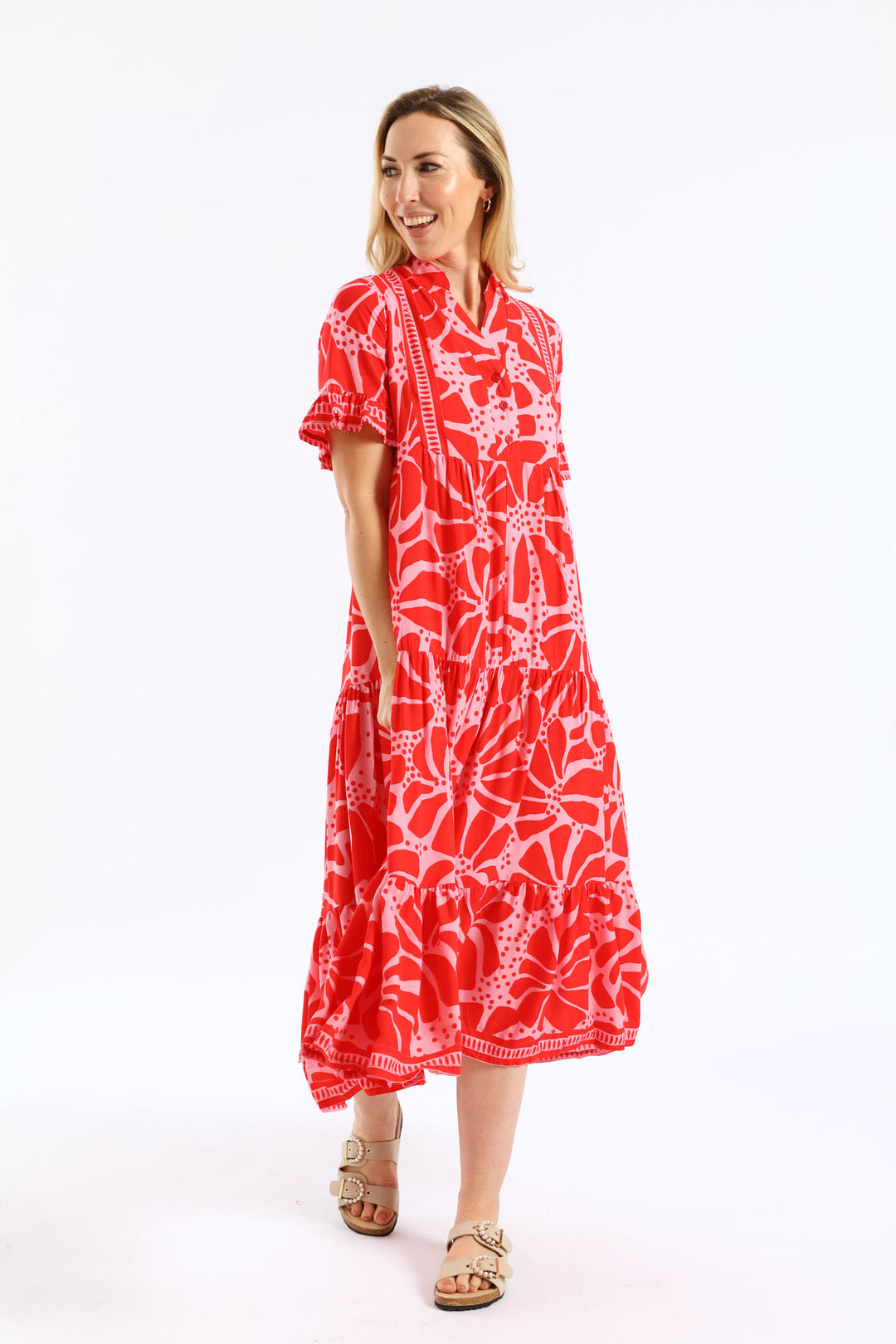 Floral Border Print Midaxi Dress - Red/Pink