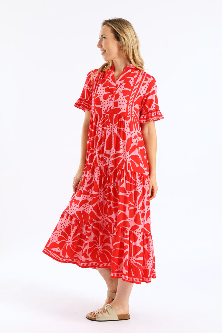 Floral Border Print Midaxi Dress - Red/Pink