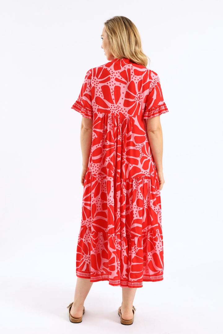 Floral Border Print Midaxi Dress - Red/Pink