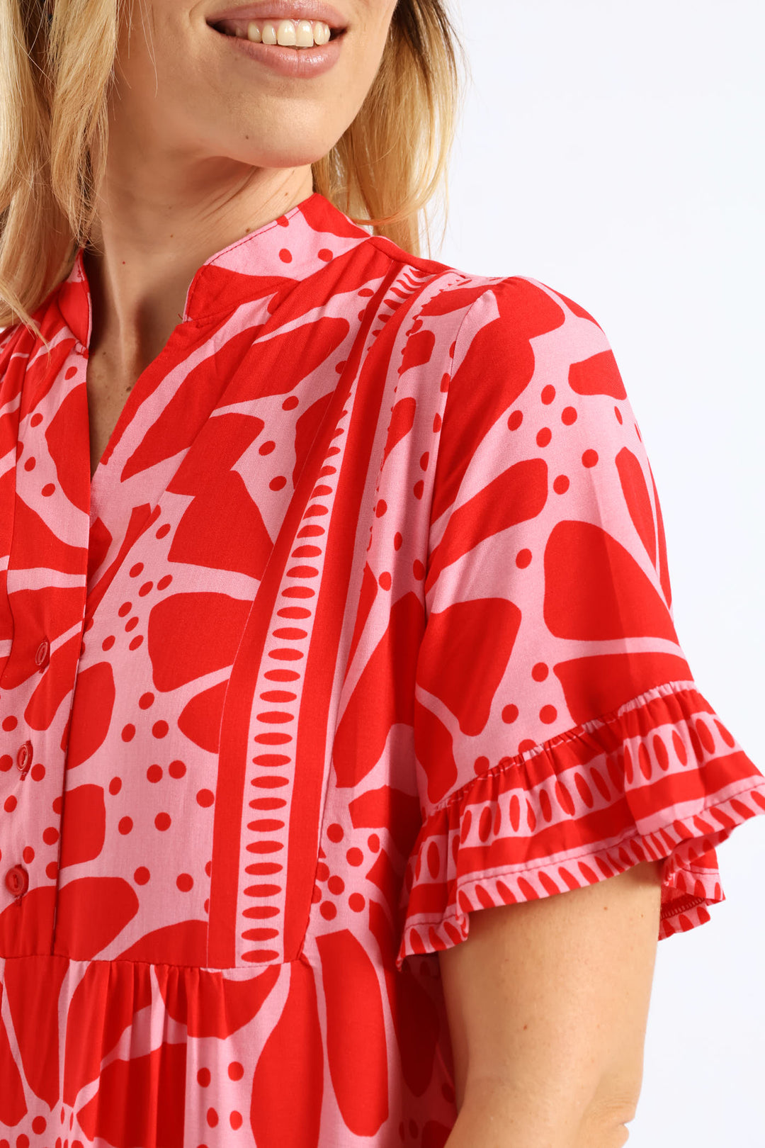Floral Border Print Midaxi Dress - Red/Pink