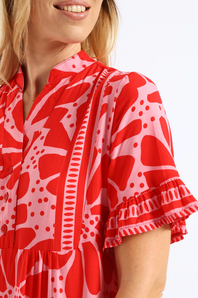 Floral Border Print Midaxi Dress - Red/Pink