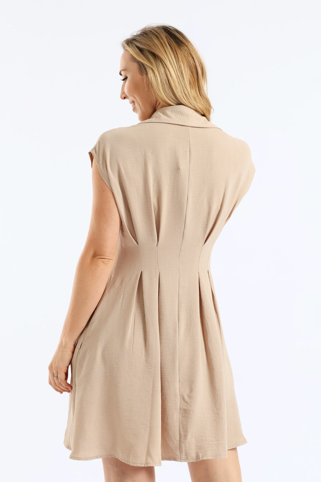 Button Through Pleated Bodice Mini Dress - Stone