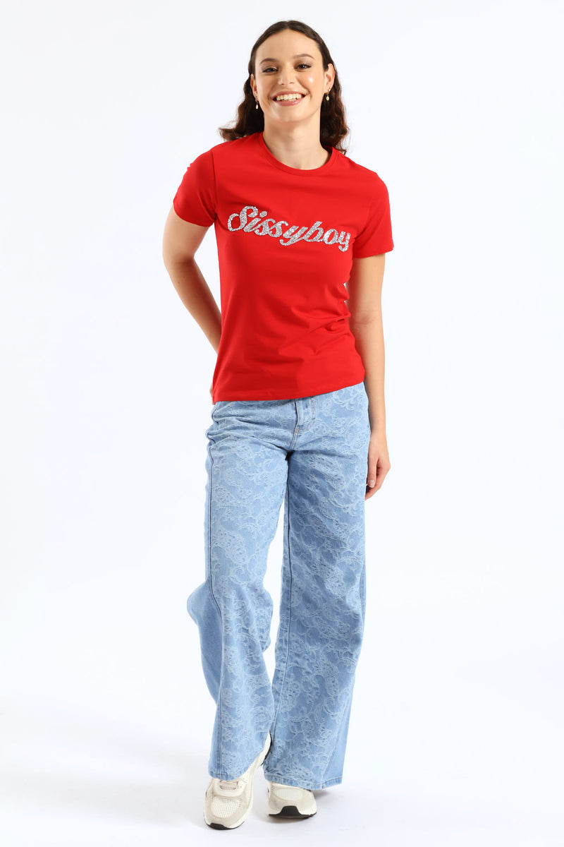 Two Tone High Waist Wide Leg Denim - Medium Wash