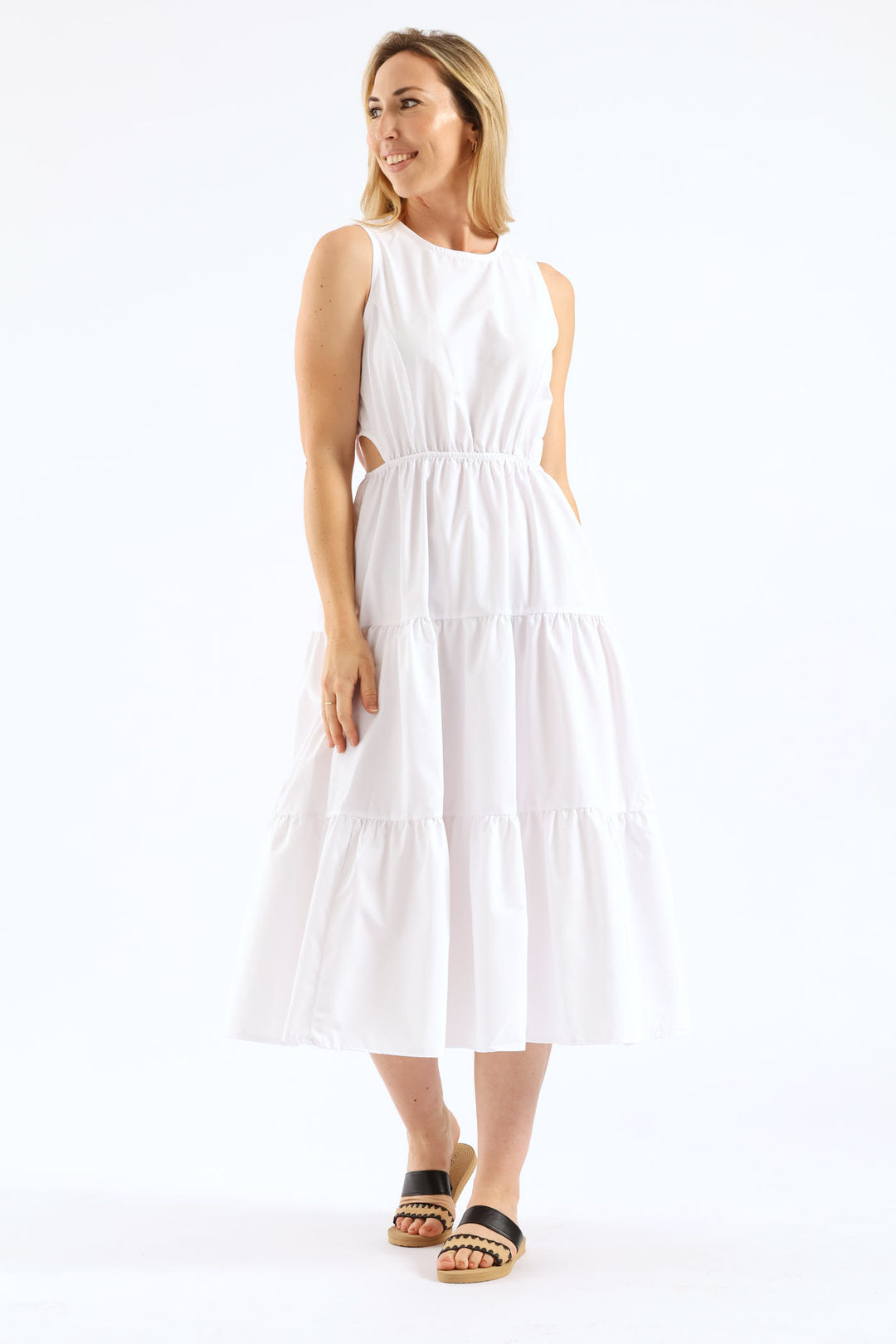 Waist Cut Out Tiered Poplin Midi Dress - White