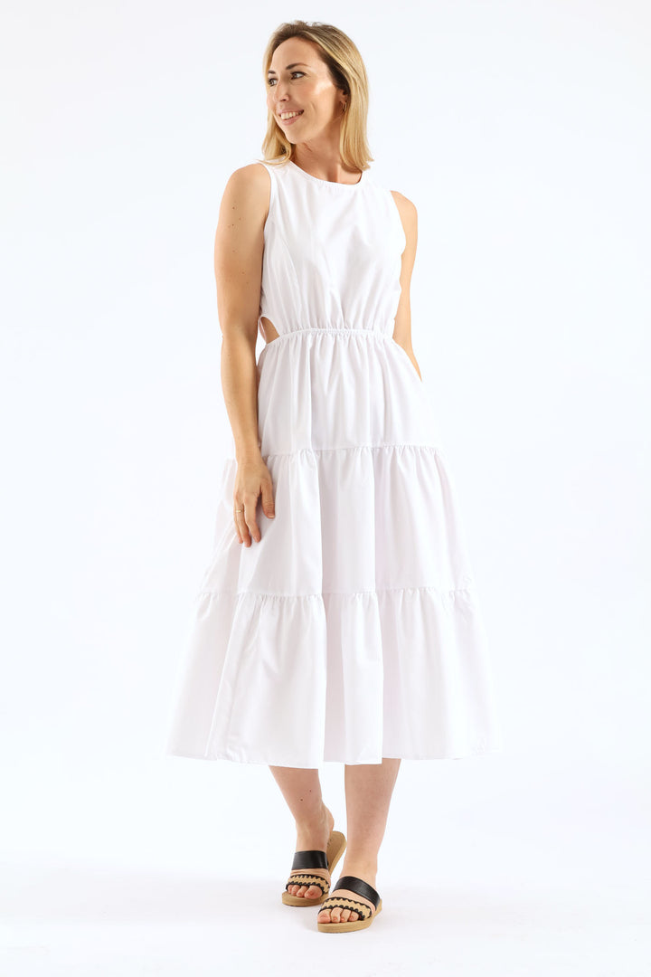 Waist Cut Out Tiered Poplin Midi Dress - White