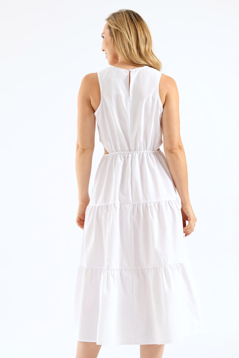Waist Cut Out Tiered Poplin Midi Dress - White