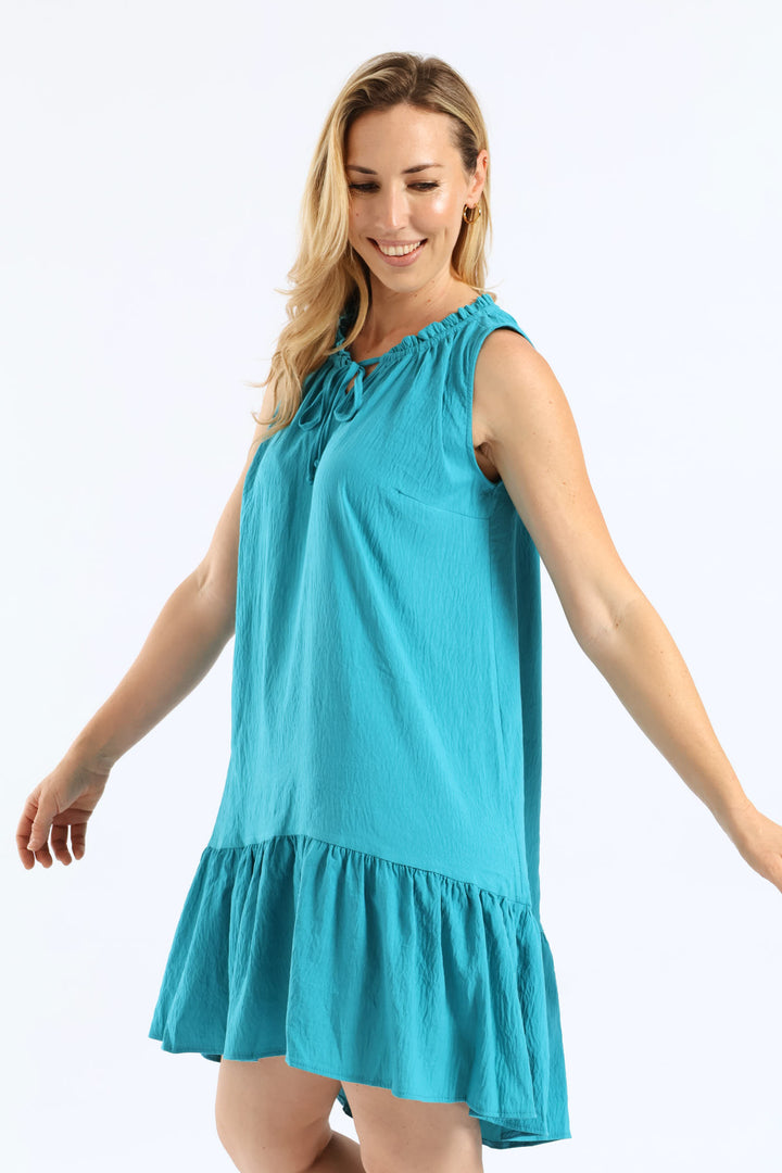 Frill Neck Drop Hem Dress - Turquoise