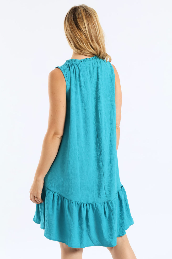 Frill Neck Drop Hem Dress - Turquoise