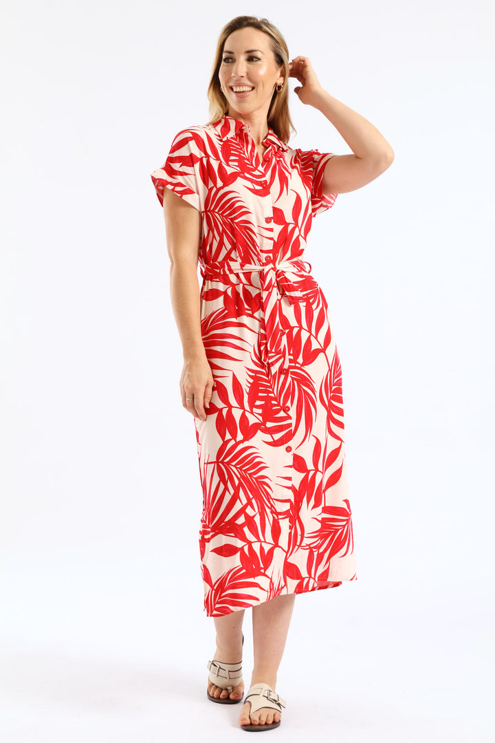 Belted Printed Midi Shirt Dress - Stone/Red
