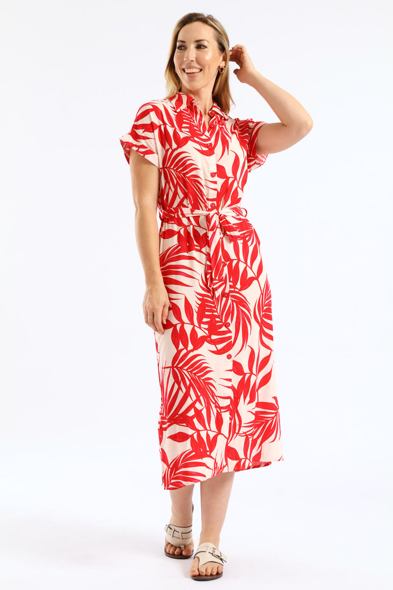 Belted Printed Midi Shirt Dress - Stone/Red