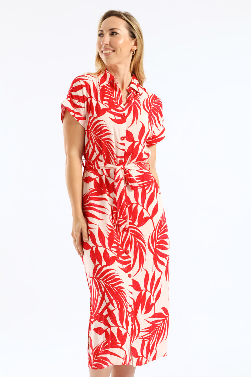 Belted Printed Midi Shirt Dress - Stone/Red