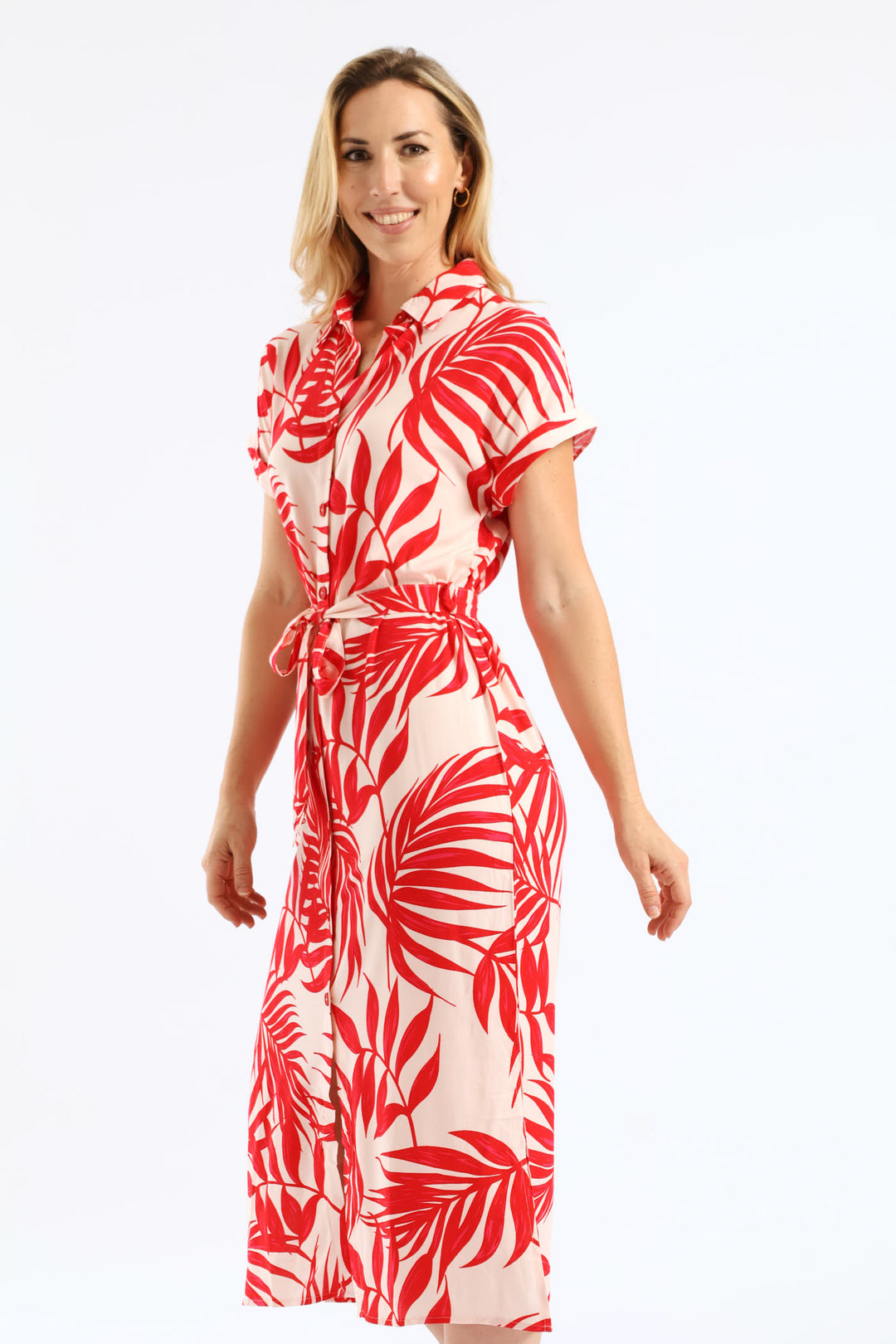 Belted Printed Midi Shirt Dress - Stone/Red