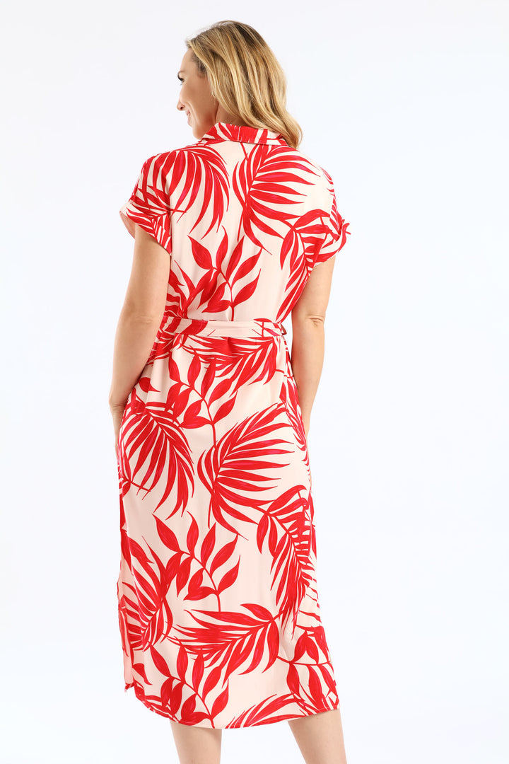 Belted Printed Midi Shirt Dress - Stone/Red